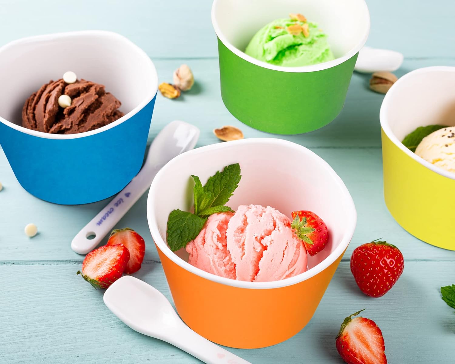 Boao 100 Set 5 oz Ice Cream Cups with Spoons Disposable Paper Sundae Dessert Bowls Summer Party Supplies (Colorful Style)